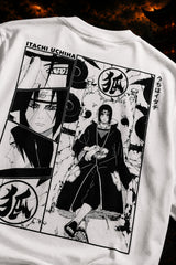 White oversized tshirt with bold distressed ITACHI text print from Naruto anime Uchiha clan