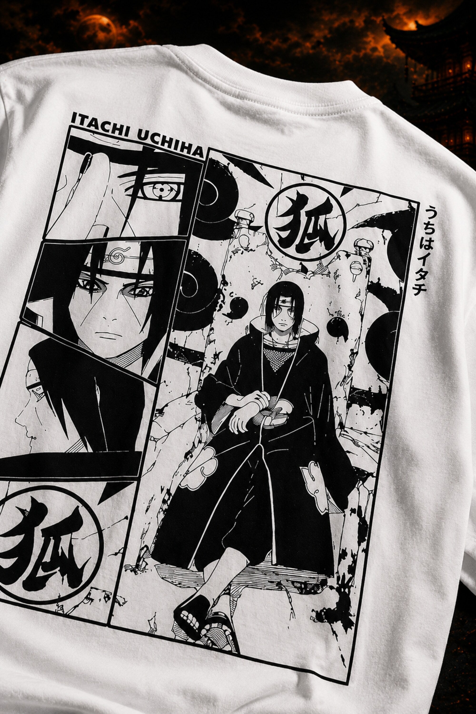 White oversized tshirt with bold distressed ITACHI text print from Naruto anime Uchiha clan