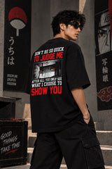 Black Naruto anime oversized tshirt with Itachi Uchiha Sharingan eyes HD print and Don't Judge Me quote with Uchiha symbol