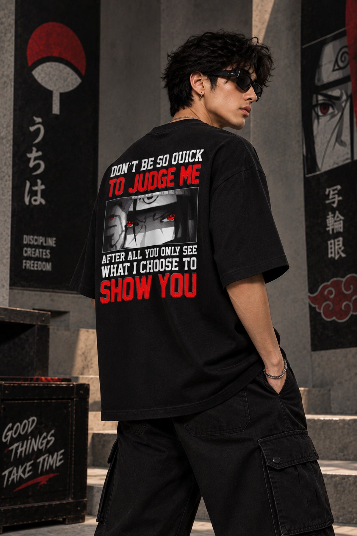 Black Naruto anime oversized tshirt with Itachi Uchiha Sharingan eyes HD print and Don't Judge Me quote with Uchiha symbol