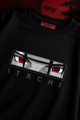 Black Itachi Sharingan eyes oversized t-shirt with red eye graphic and ITACHI text, anime streetwear India