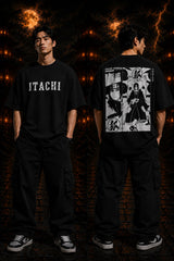 White oversized tshirt with bold distressed ITACHI text print from Naruto anime Uchiha clan - black