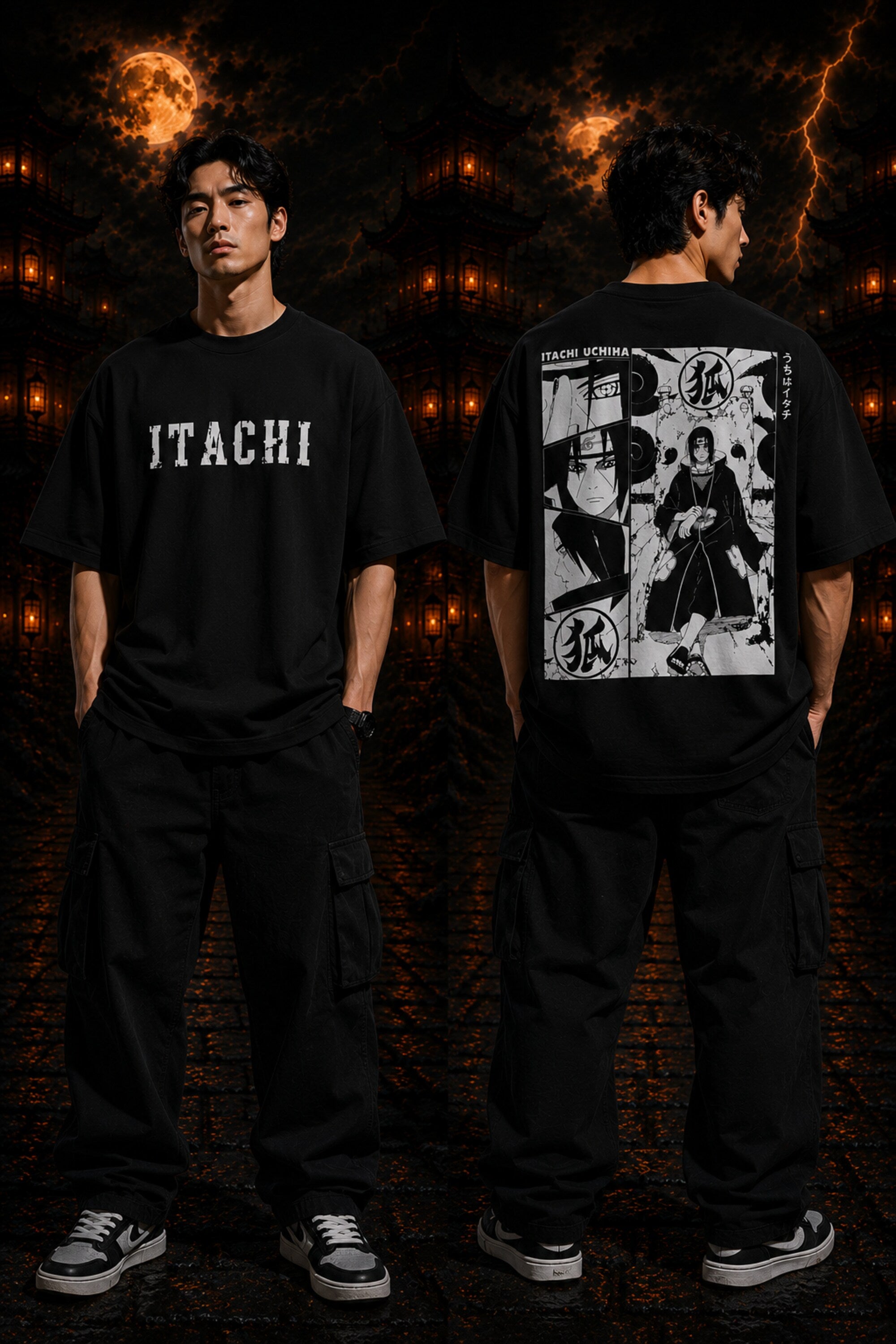 White oversized tshirt with bold distressed ITACHI text print from Naruto anime Uchiha clan - black