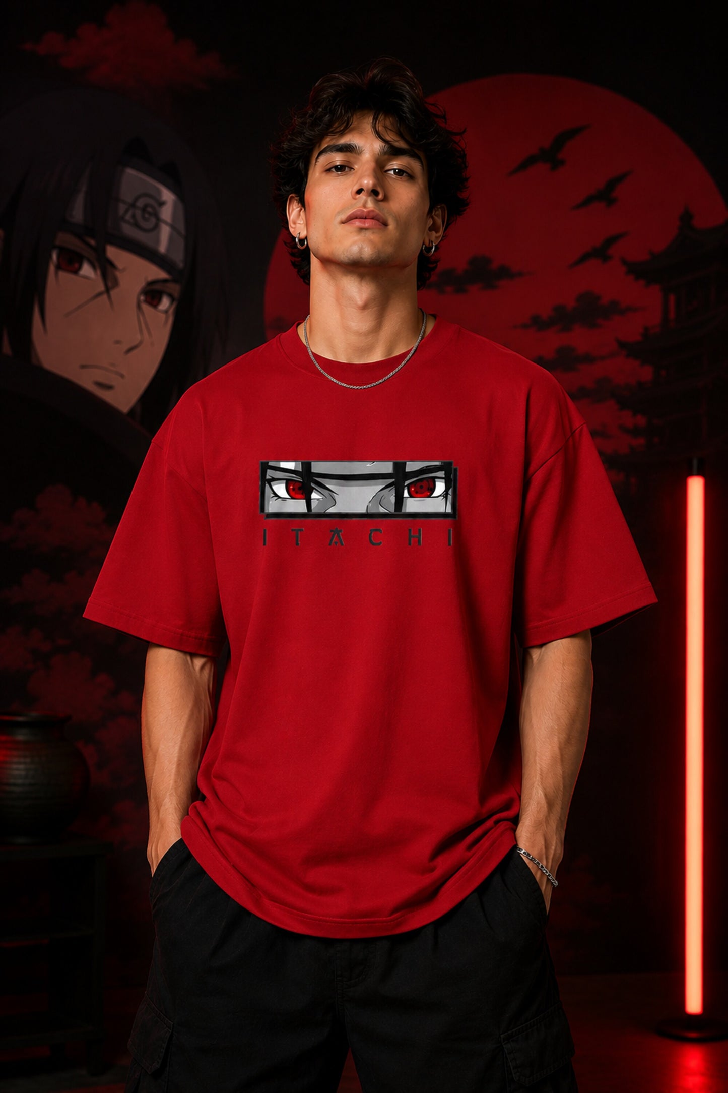 Black Itachi Sharingan eyes oversized t-shirt with red eye graphic and ITACHI text, anime streetwear India - red