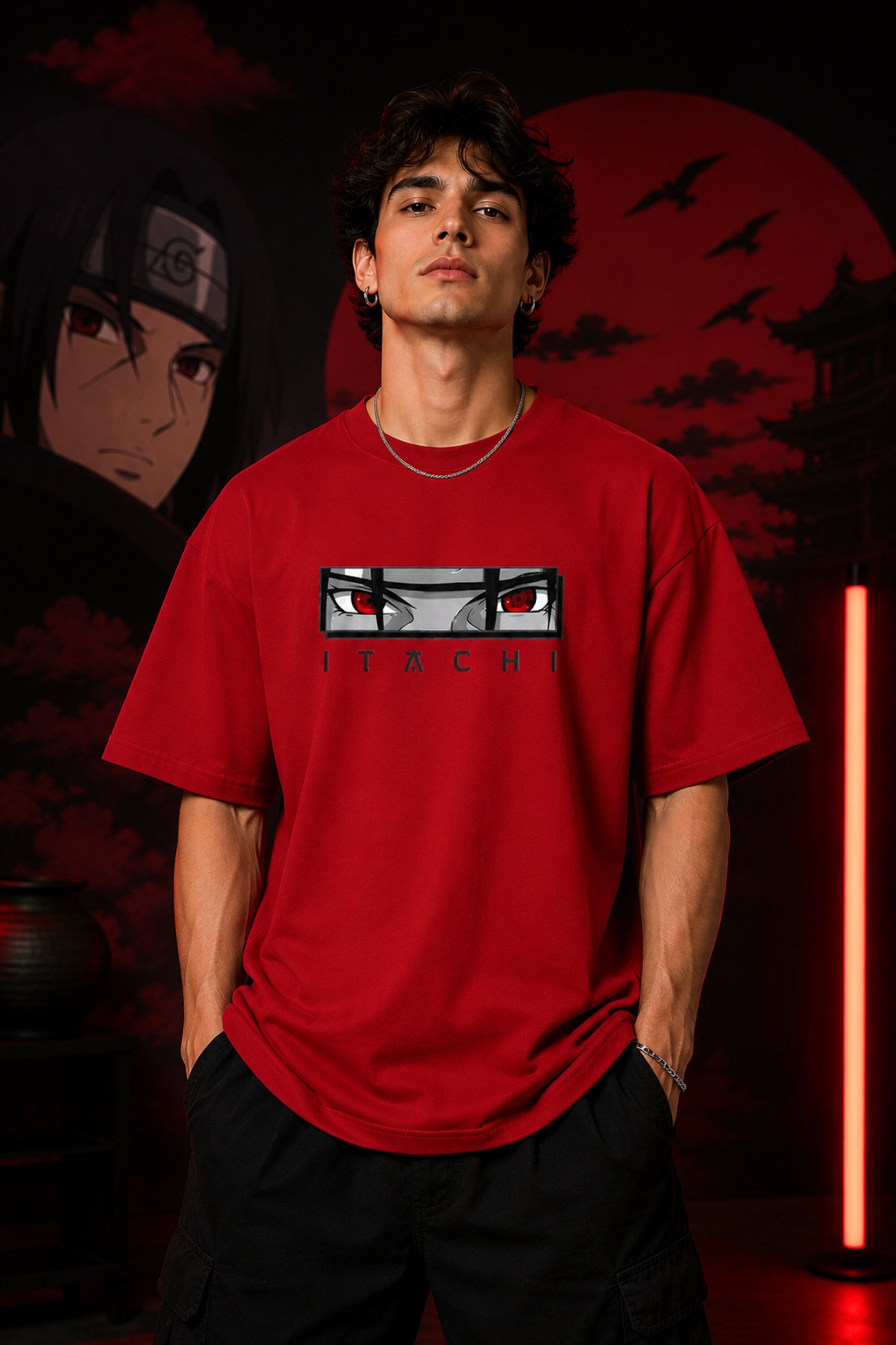 Black Itachi Sharingan eyes oversized t-shirt with red eye graphic and ITACHI text, anime streetwear India - red
