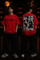 White oversized tshirt with bold distressed ITACHI text print from Naruto anime Uchiha clan - red