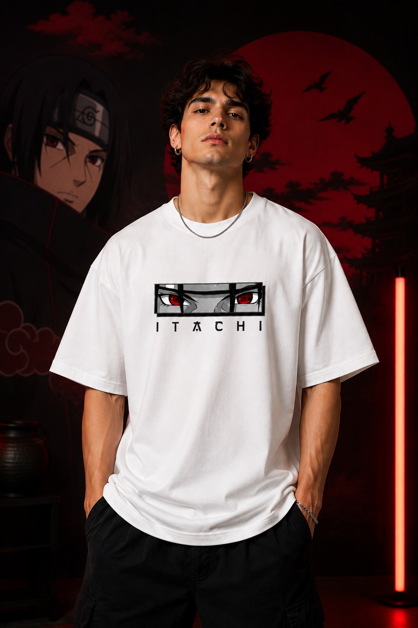 Black Itachi Sharingan eyes oversized t-shirt with red eye graphic and ITACHI text, anime streetwear India - white