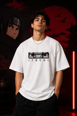 Black Itachi Sharingan eyes oversized t-shirt with red eye graphic and ITACHI text, anime streetwear India - white