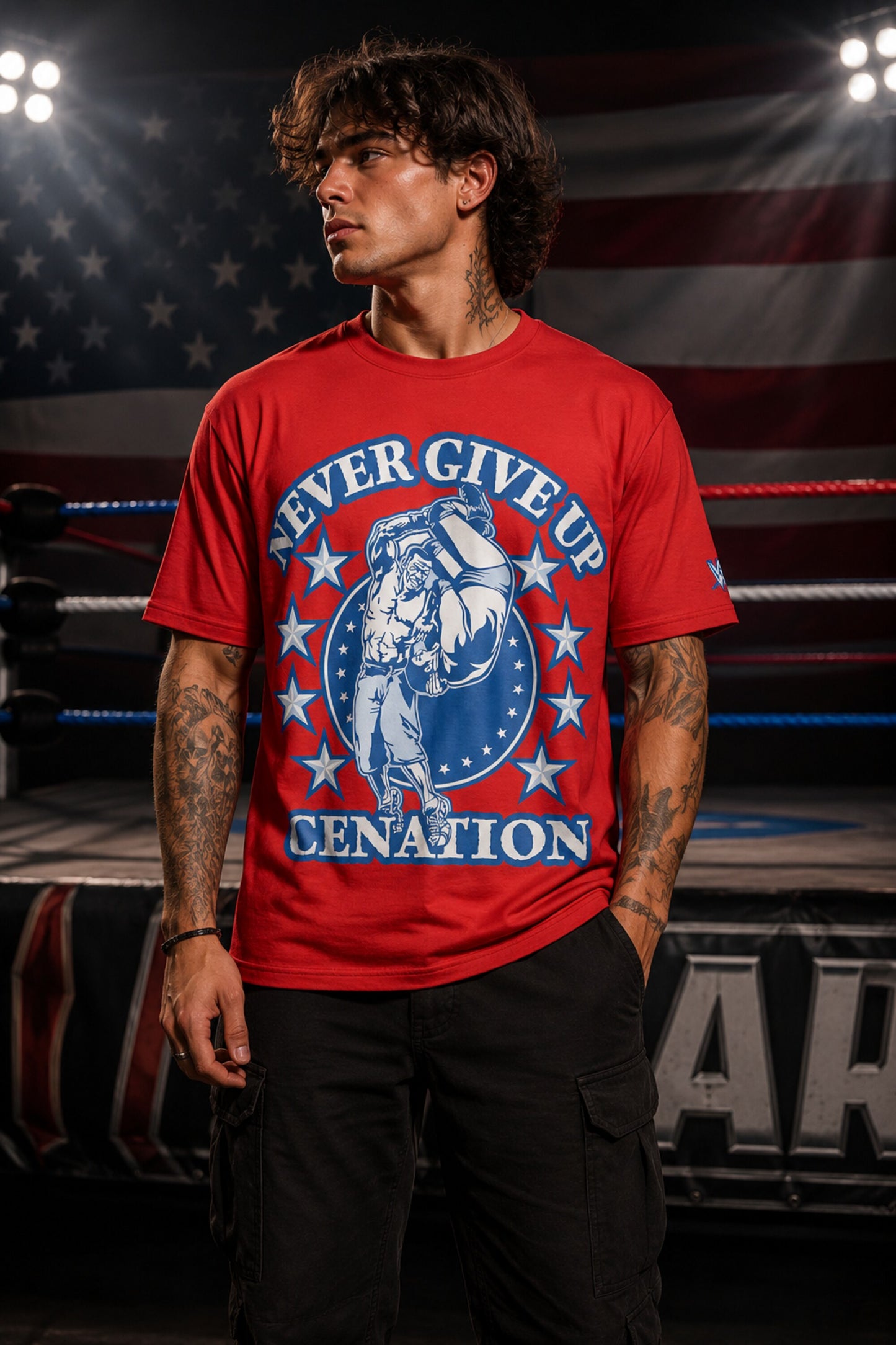 John Cena Never Give Up Cenation red oversized t-shirt with blue and white WWE graphic