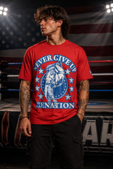 John Cena Never Give Up Cenation red oversized t-shirt with blue and white WWE graphic