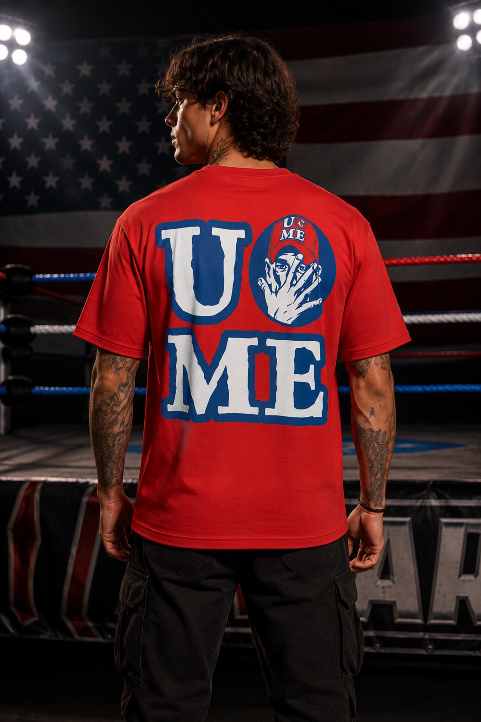 John Cena Never Give Up Cenation red oversized t-shirt with blue and white WWE graphic