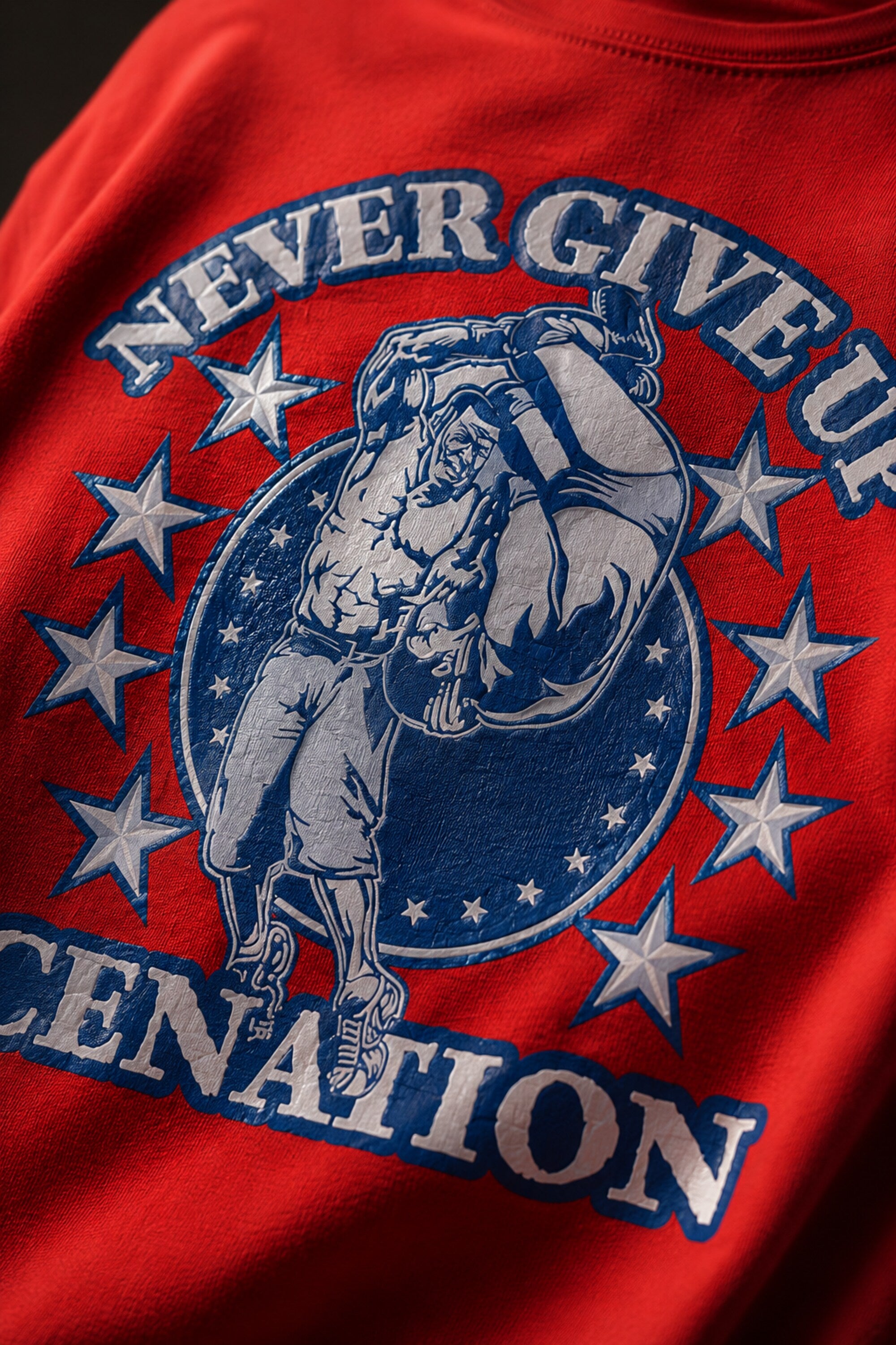 John Cena Never Give Up Cenation red oversized t-shirt with blue and white WWE graphic