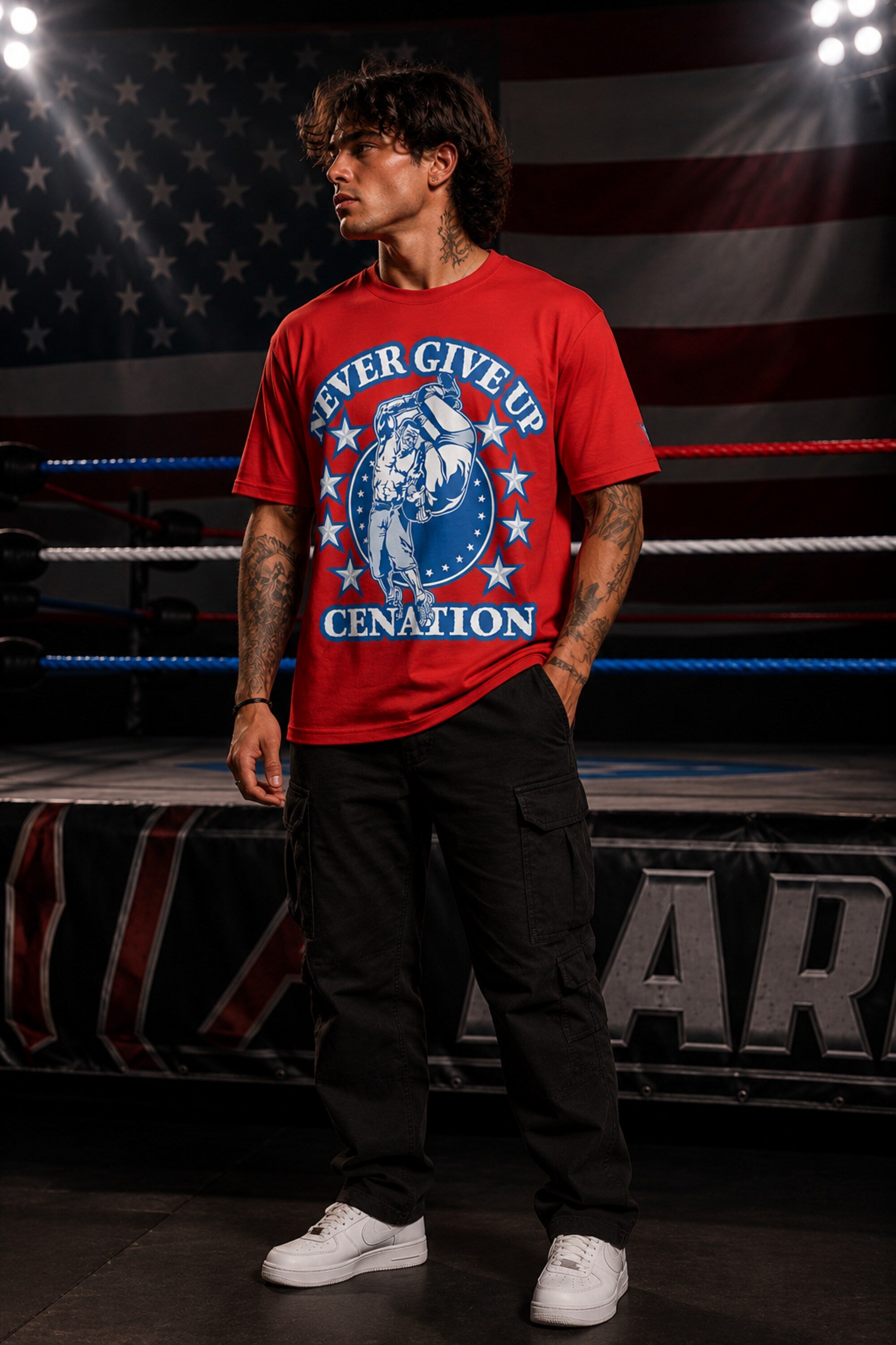 John Cena Never Give Up Cenation red oversized t-shirt with blue and white WWE graphic