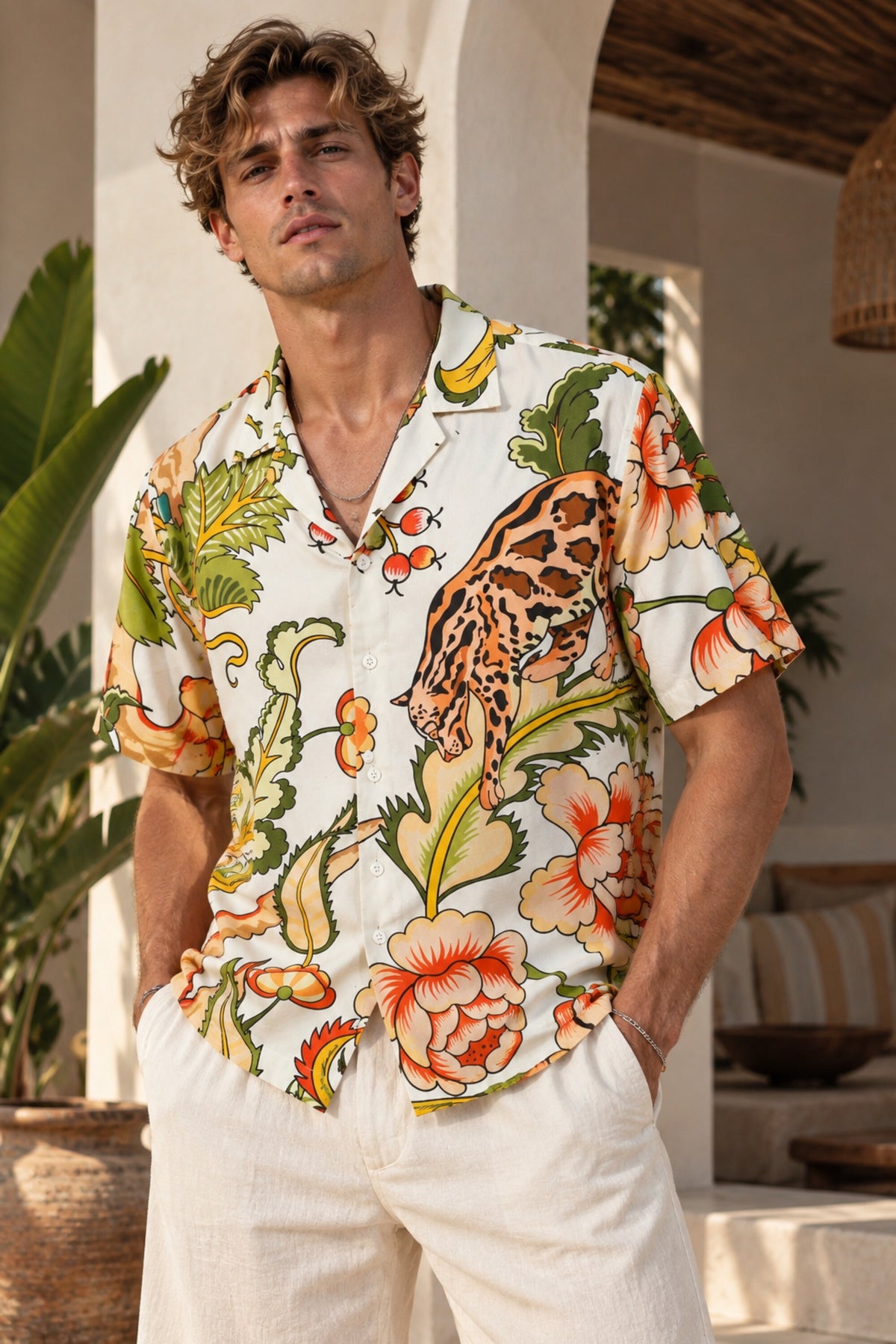 White Hawaiian shirt with tropical jungle leopard and floral art print in red green and orange, Cuban collar, men India