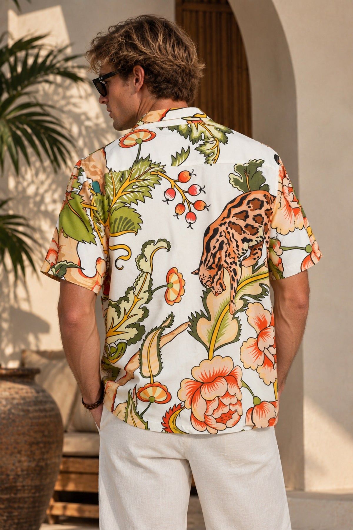 White Hawaiian shirt with tropical jungle leopard and floral art print in red green and orange, Cuban collar, men India