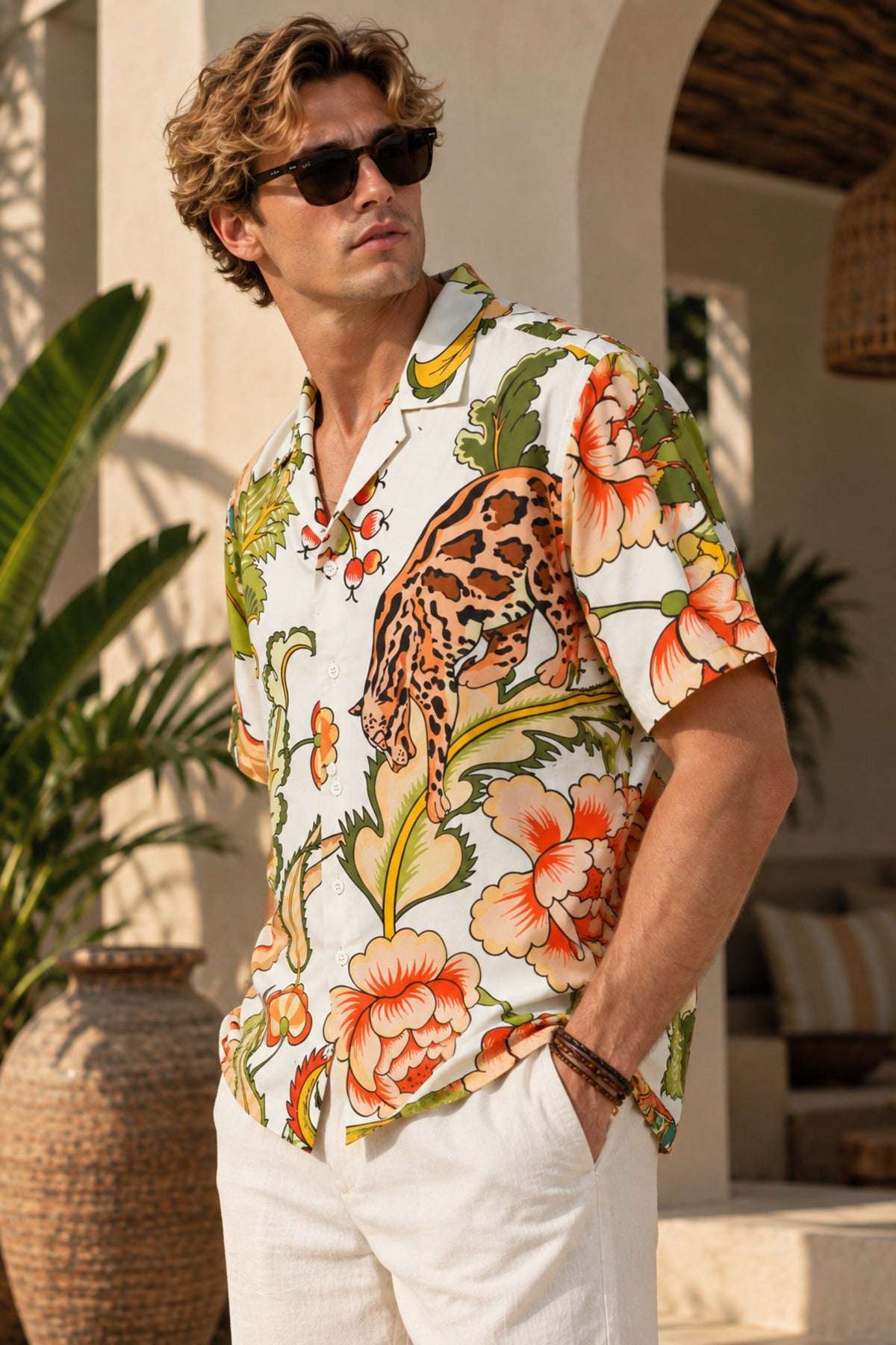 White Hawaiian shirt with tropical jungle leopard and floral art print in red green and orange, Cuban collar, men India
