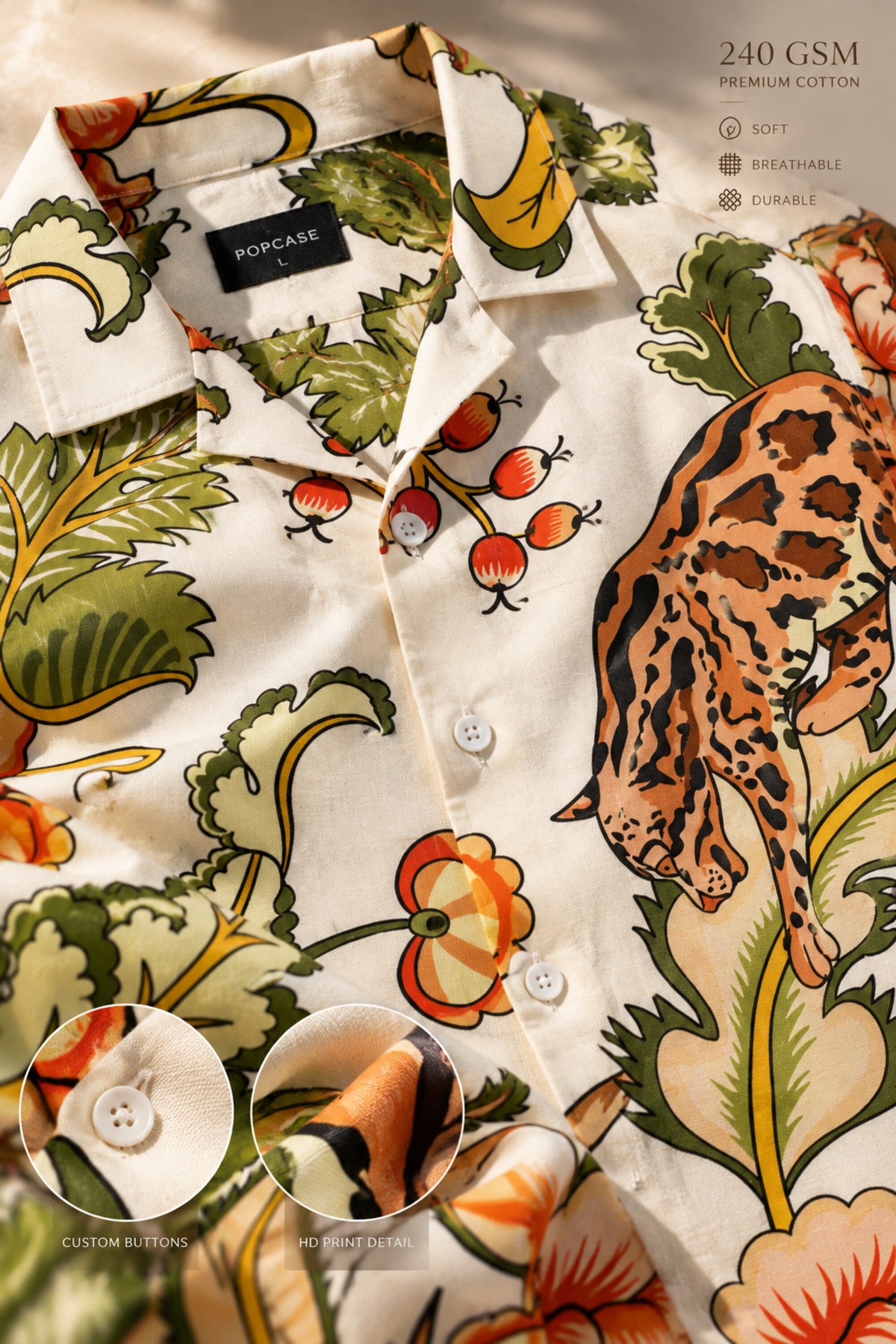 White Hawaiian shirt with tropical jungle leopard and floral art print in red green and orange, Cuban collar, men India