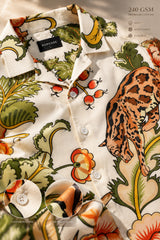 White Hawaiian shirt with tropical jungle leopard and floral art print in red green and orange, Cuban collar, men India