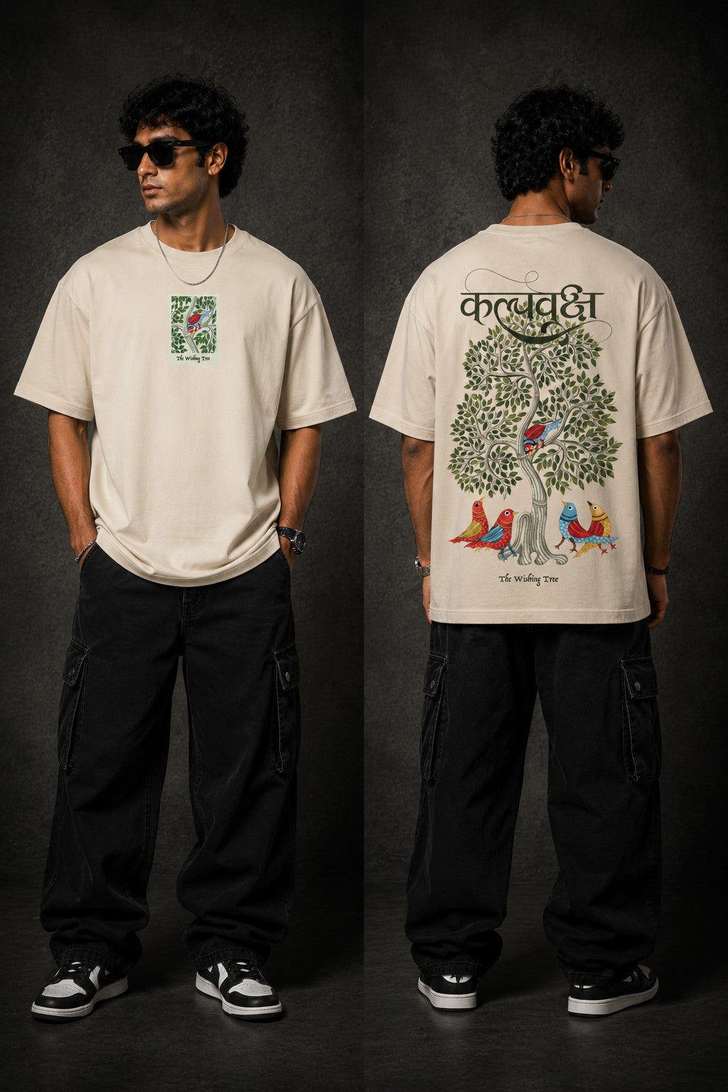 Man wearing a black Kalpvruksh oversized t-shirt with a colorful tree and bird graphic print on the back. Features Hindi script and 'The Wishing Tree' text. Streetwear style. - beige