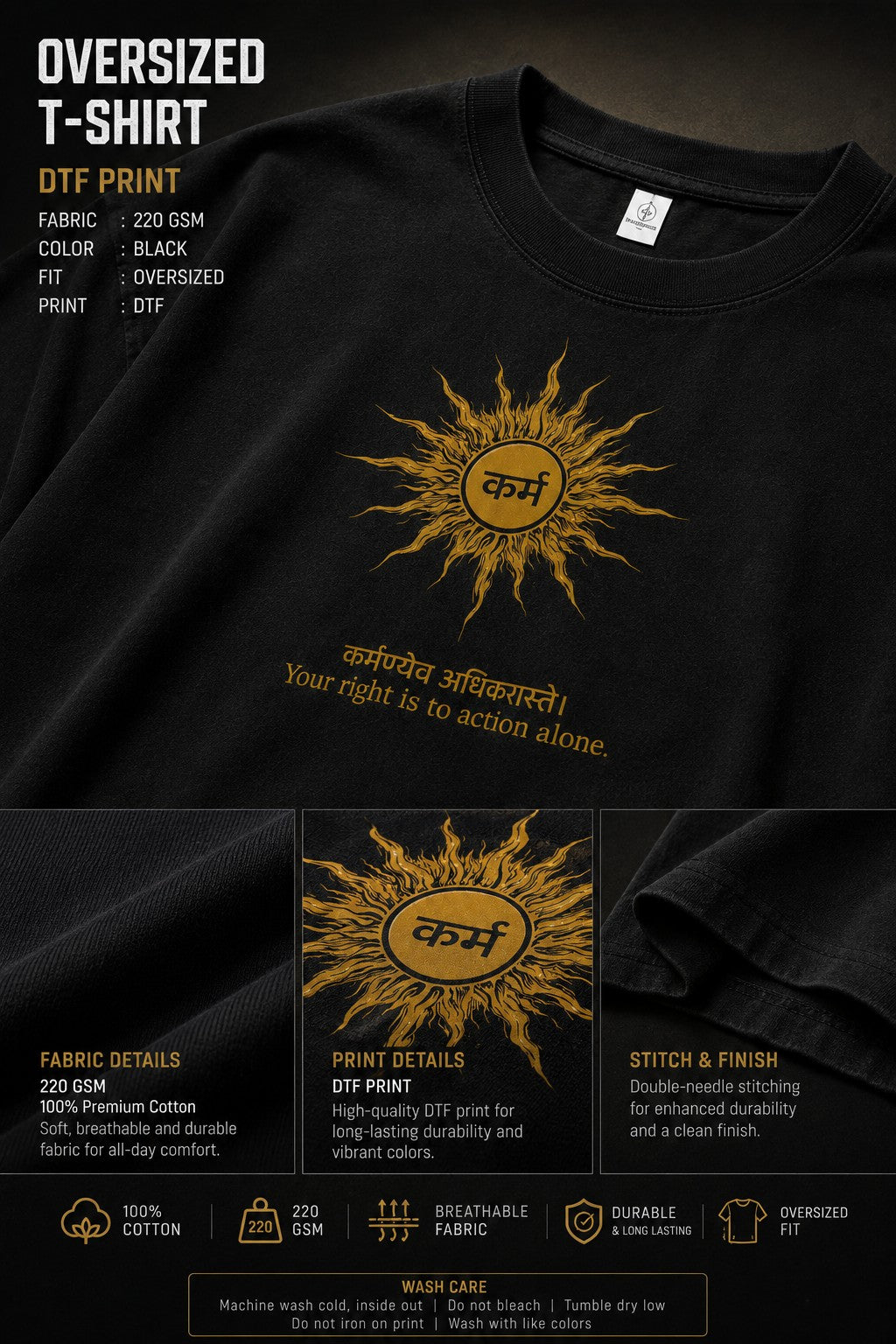 Model wearing a black KARMA oversized t-shirt with a golden sun graphic and the Sanskrit phrase 'कर्मण्येवाधिकारस्ते' (Your right is to action alone).