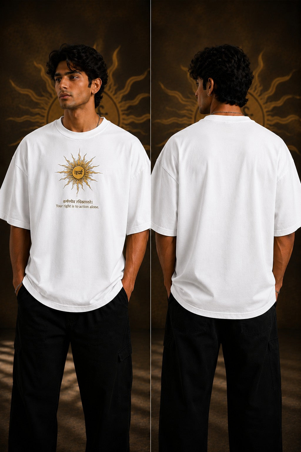 Model wearing a black KARMA oversized t-shirt with a golden sun graphic and the Sanskrit phrase 'कर्मण्येवाधिकारस्ते' (Your right is to action alone). - white