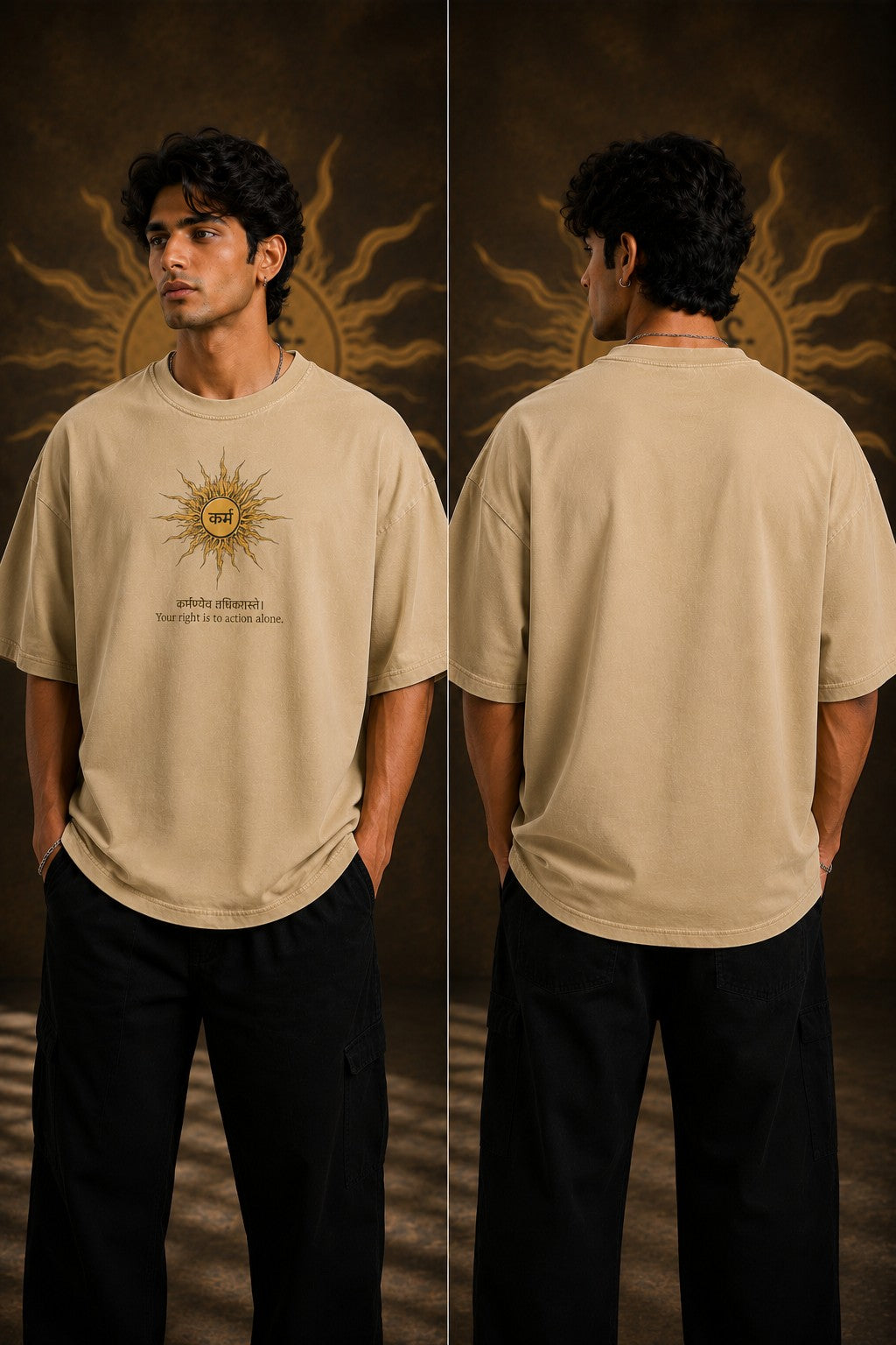 Model wearing a black KARMA oversized t-shirt with a golden sun graphic and the Sanskrit phrase 'कर्मण्येवाधिकारस्ते' (Your right is to action alone). - beige