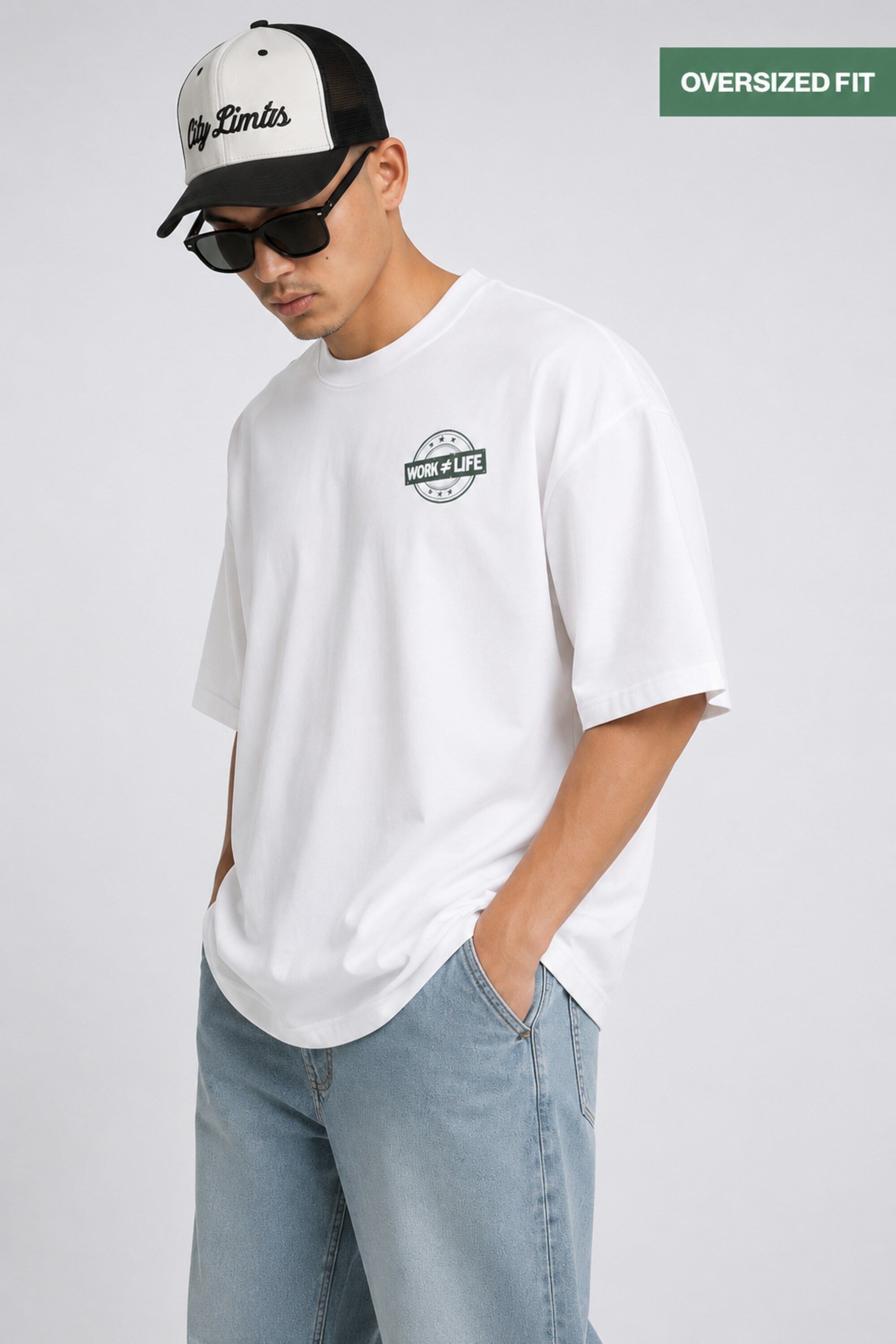 POPCASE white oversized t shirt WORK not equal LIFE dark green stamp seal DTF graphic 220 GSM premium cotton streetwear tshirt