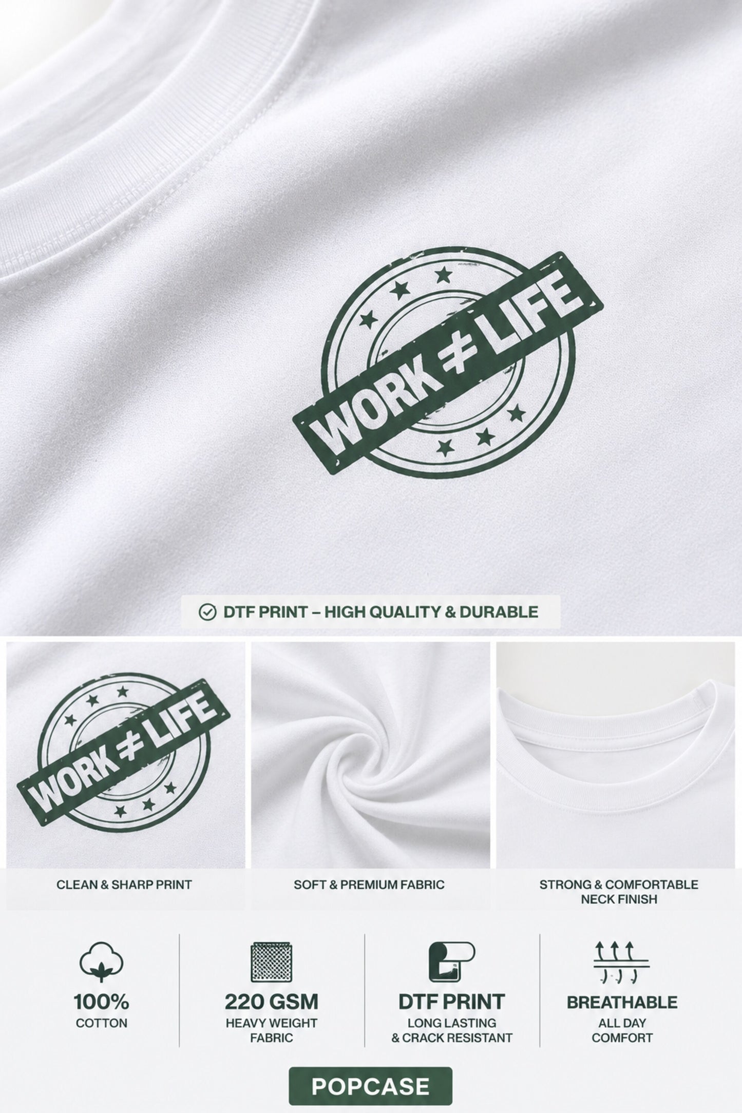 POPCASE white oversized t shirt WORK not equal LIFE dark green stamp seal DTF graphic 220 GSM premium cotton streetwear tshirt