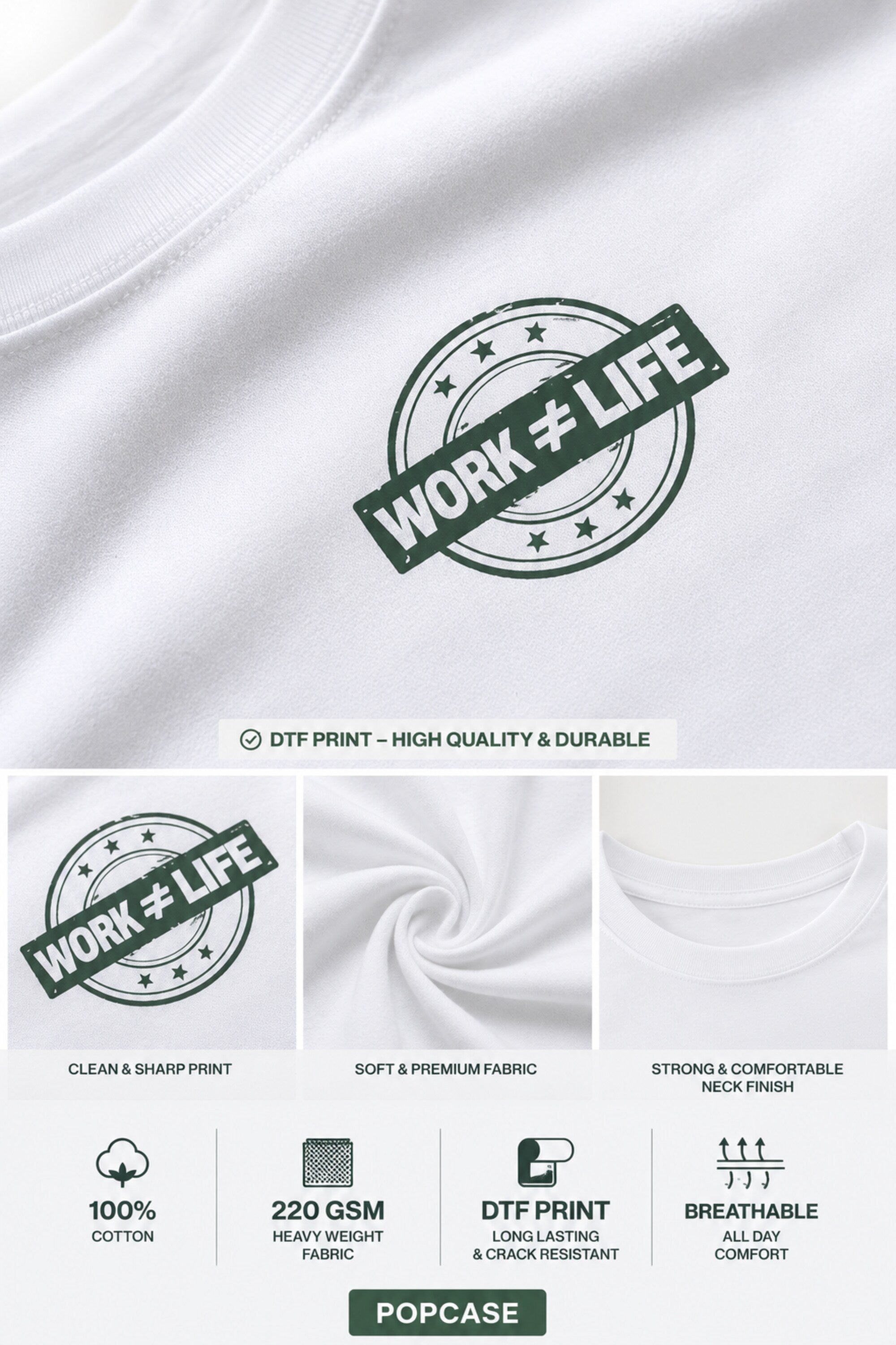 POPCASE white oversized t shirt WORK not equal LIFE dark green stamp seal DTF graphic 220 GSM premium cotton streetwear tshirt