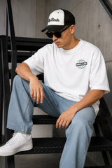 POPCASE white oversized t shirt WORK not equal LIFE dark green stamp seal DTF graphic 220 GSM premium cotton streetwear tshirt