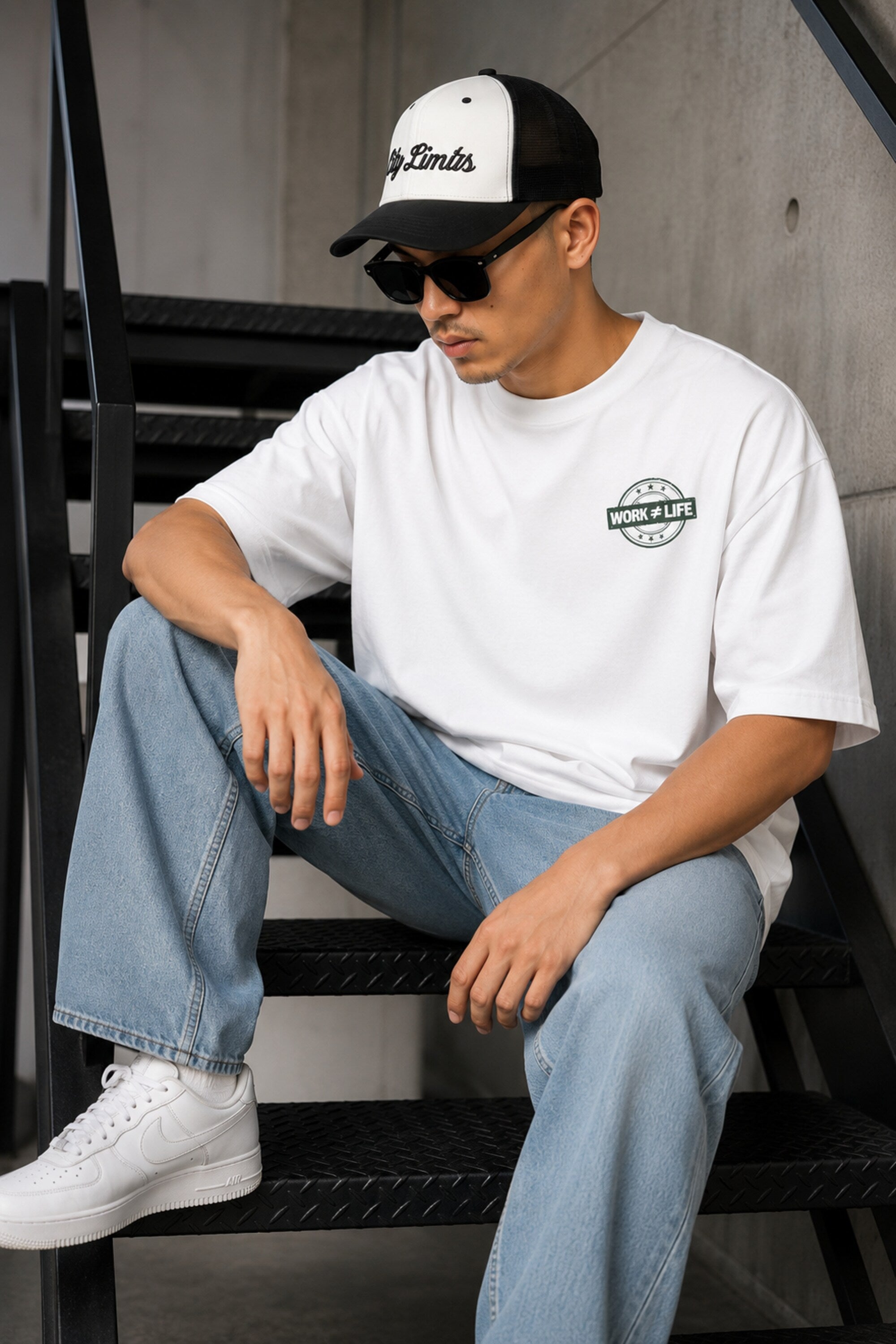 POPCASE white oversized t shirt WORK not equal LIFE dark green stamp seal DTF graphic 220 GSM premium cotton streetwear tshirt