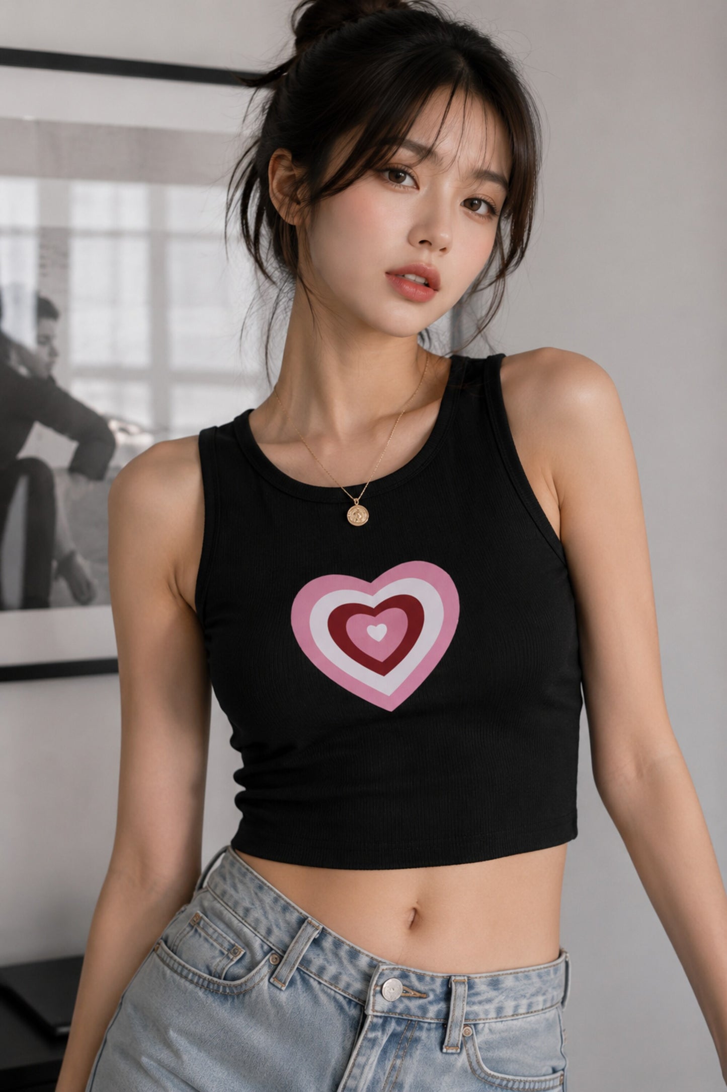 Black ribbed scoop neck crop tank top with sweater vest style argyle heart DTF print Korean coquette aesthetic women top - black