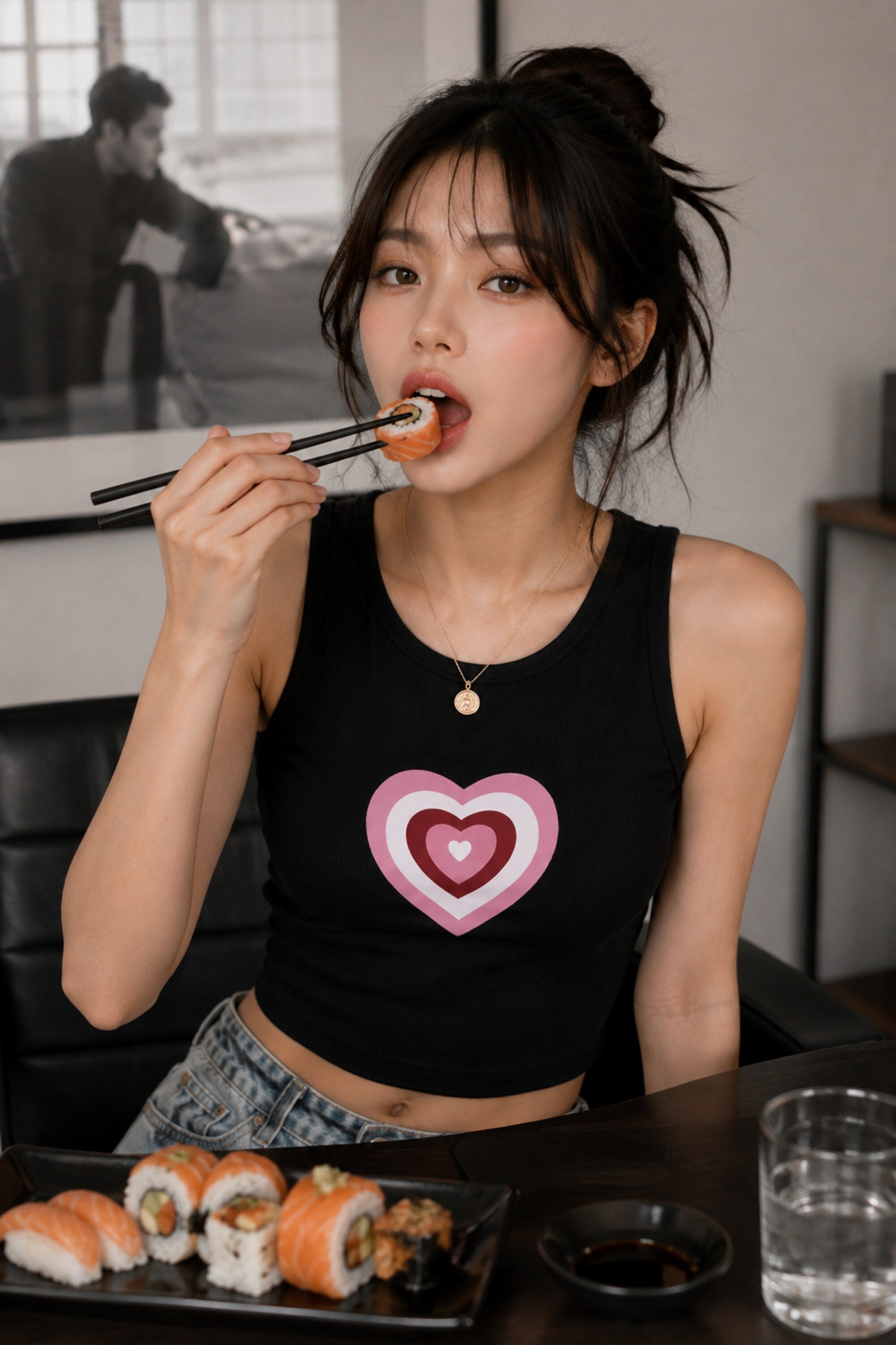 Black ribbed scoop neck crop tank top with sweater vest style argyle heart DTF print Korean coquette aesthetic women top