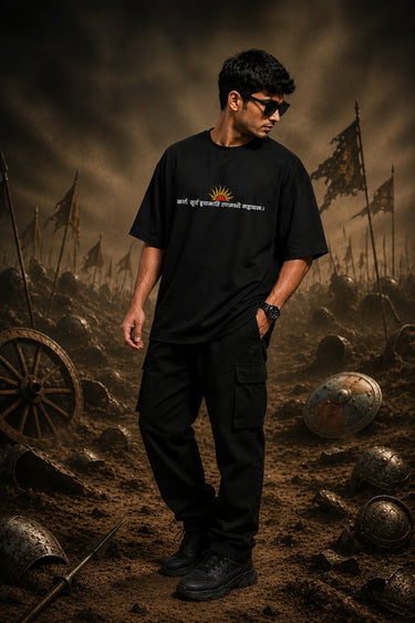 Man wearing a black KARNA oversized t-shirt with a sun graphic and Sanskrit text. Streetwear style, premium cotton feel.
