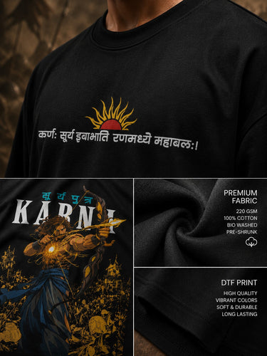 Man wearing a black KARNA oversized t-shirt with a sun graphic and Sanskrit text. Streetwear style, premium cotton feel.