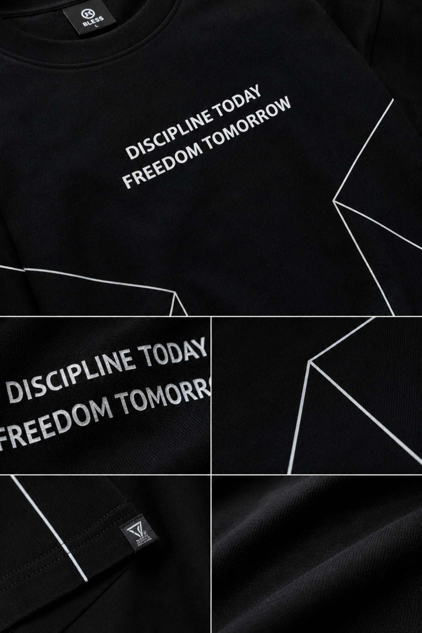 BLESS black oversized t-shirt with white graphic text 'DISCIPLINE TODAY FREEDOM TOMORROW' and abstract geometric lines.