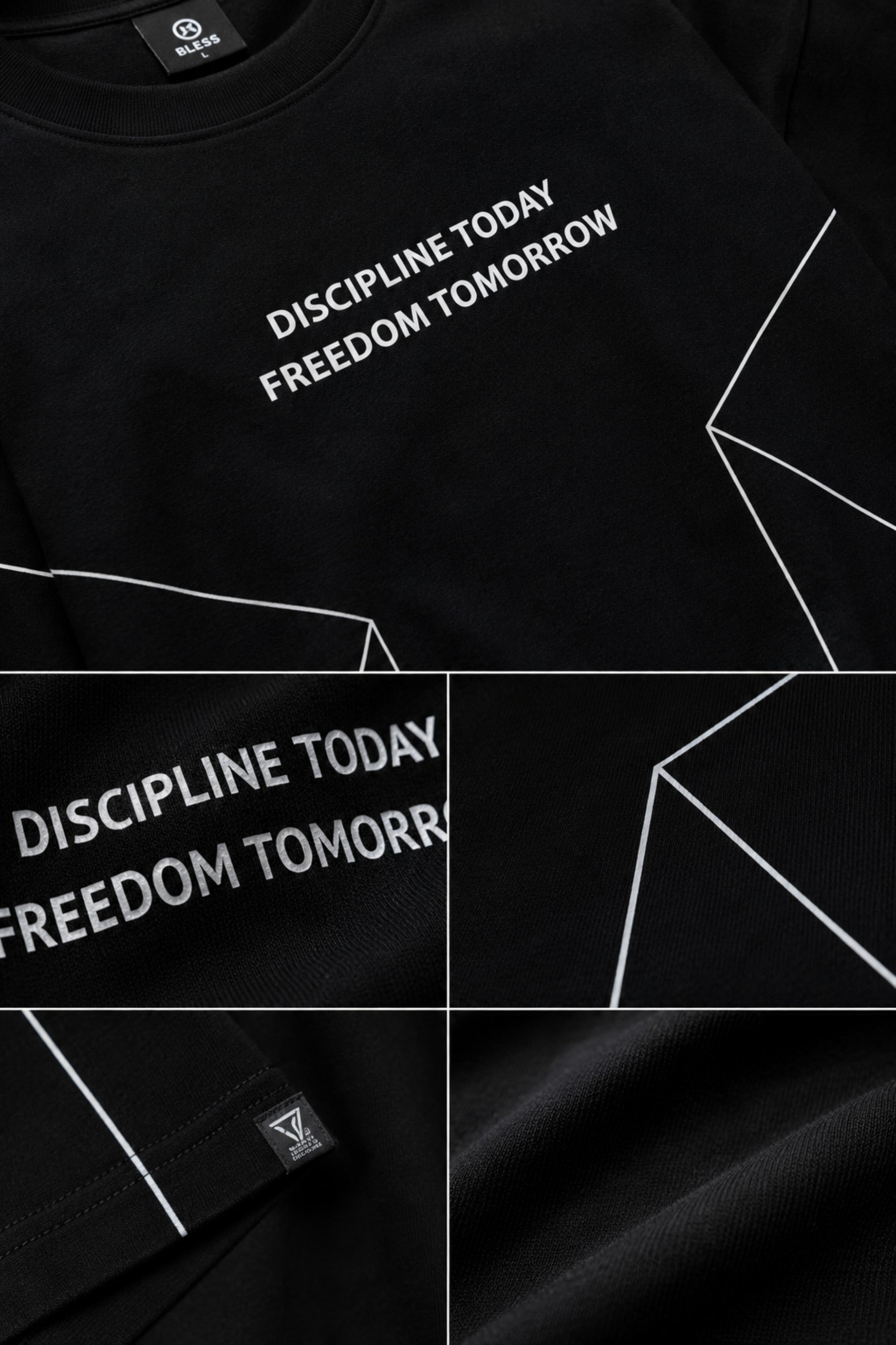 BLESS black oversized t-shirt with white graphic text 'DISCIPLINE TODAY FREEDOM TOMORROW' and abstract geometric lines.