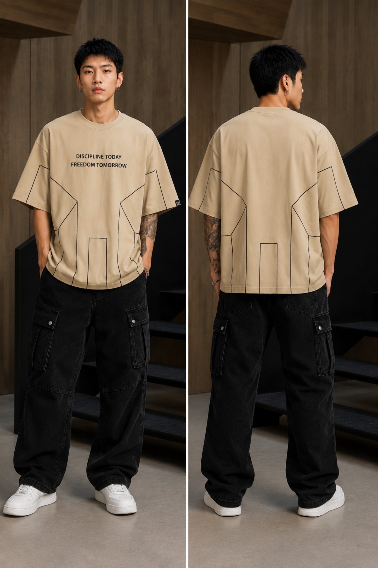 BLESS black oversized t-shirt with white graphic text 'DISCIPLINE TODAY FREEDOM TOMORROW' and abstract geometric lines. - beige
