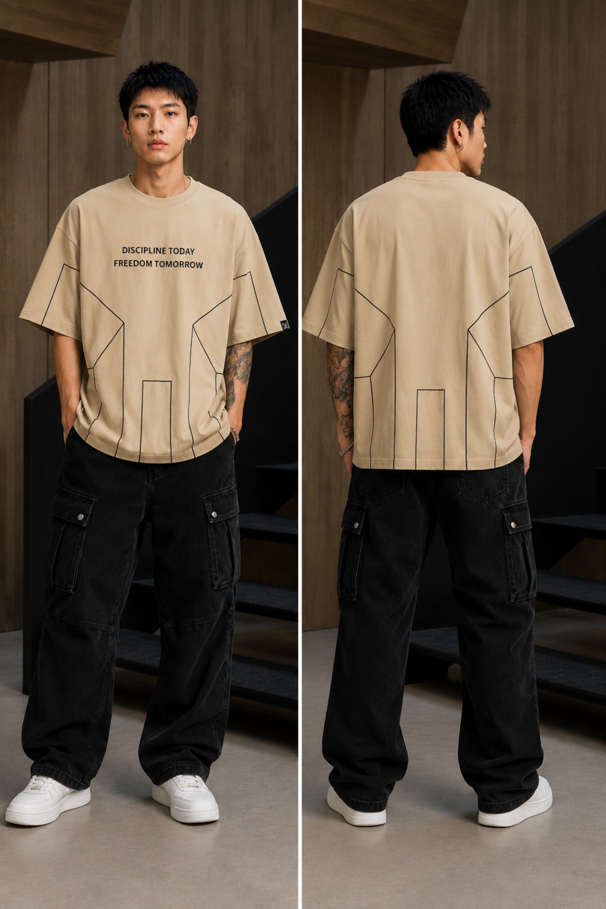 BLESS black oversized t-shirt with white graphic text 'DISCIPLINE TODAY FREEDOM TOMORROW' and abstract geometric lines. - beige
