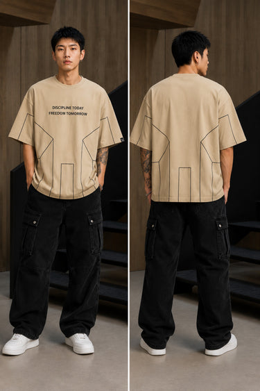 BLESS black oversized t-shirt with white graphic text 'DISCIPLINE TODAY FREEDOM TOMORROW' and abstract geometric lines. - beige