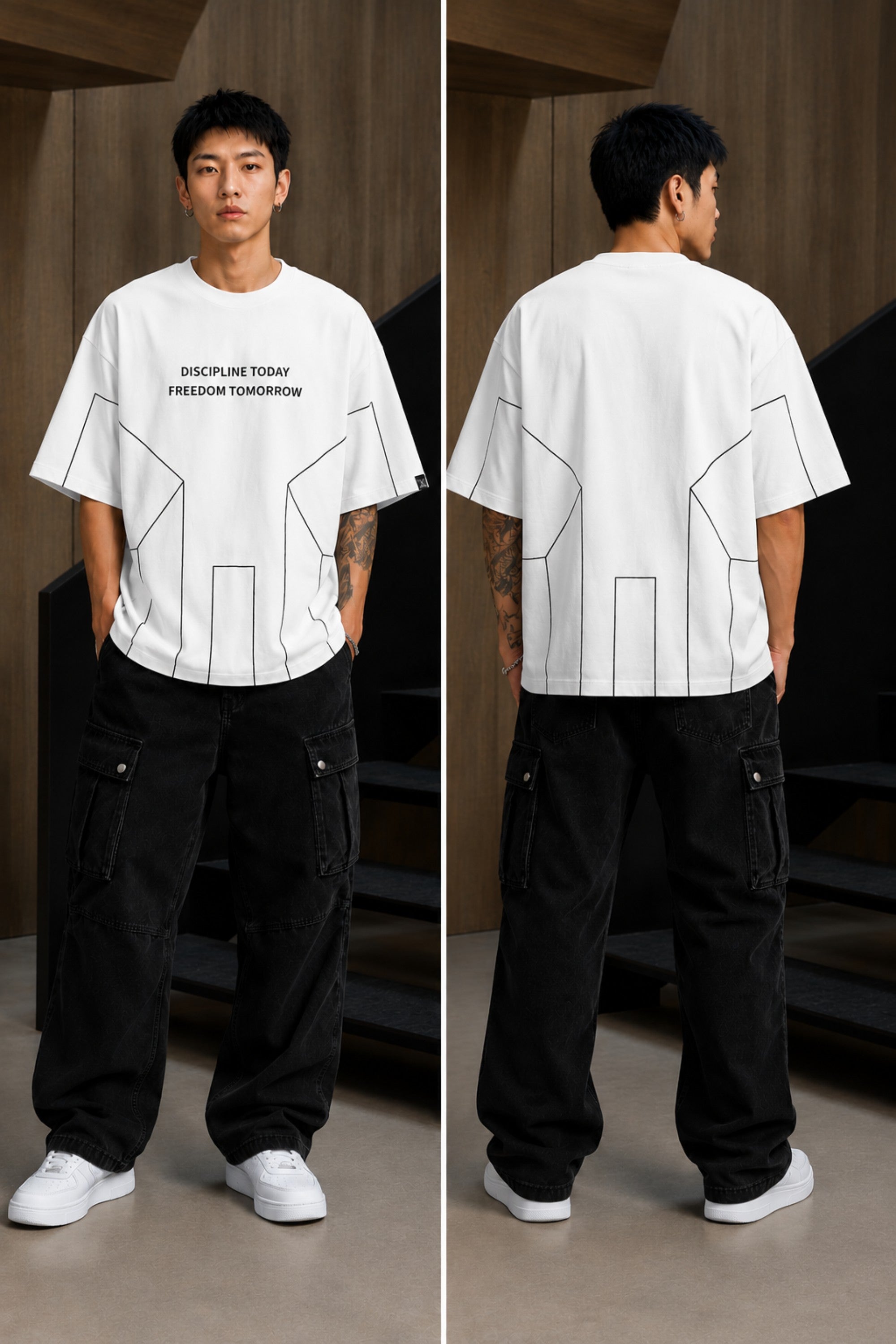 BLESS black oversized t-shirt with white graphic text 'DISCIPLINE TODAY FREEDOM TOMORROW' and abstract geometric lines. - white