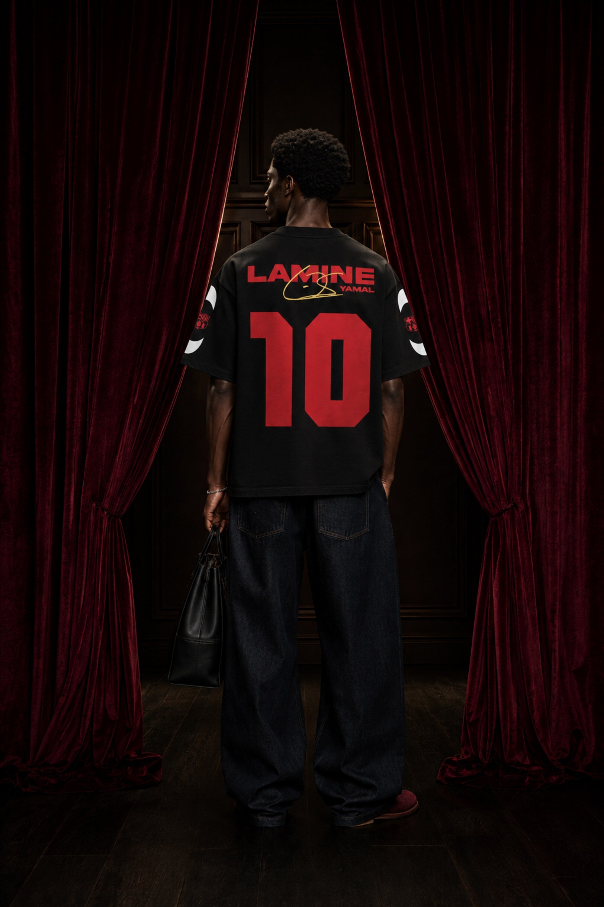 Lamine Yamal Barcelona number 10 black oversized t-shirt with red and gold design