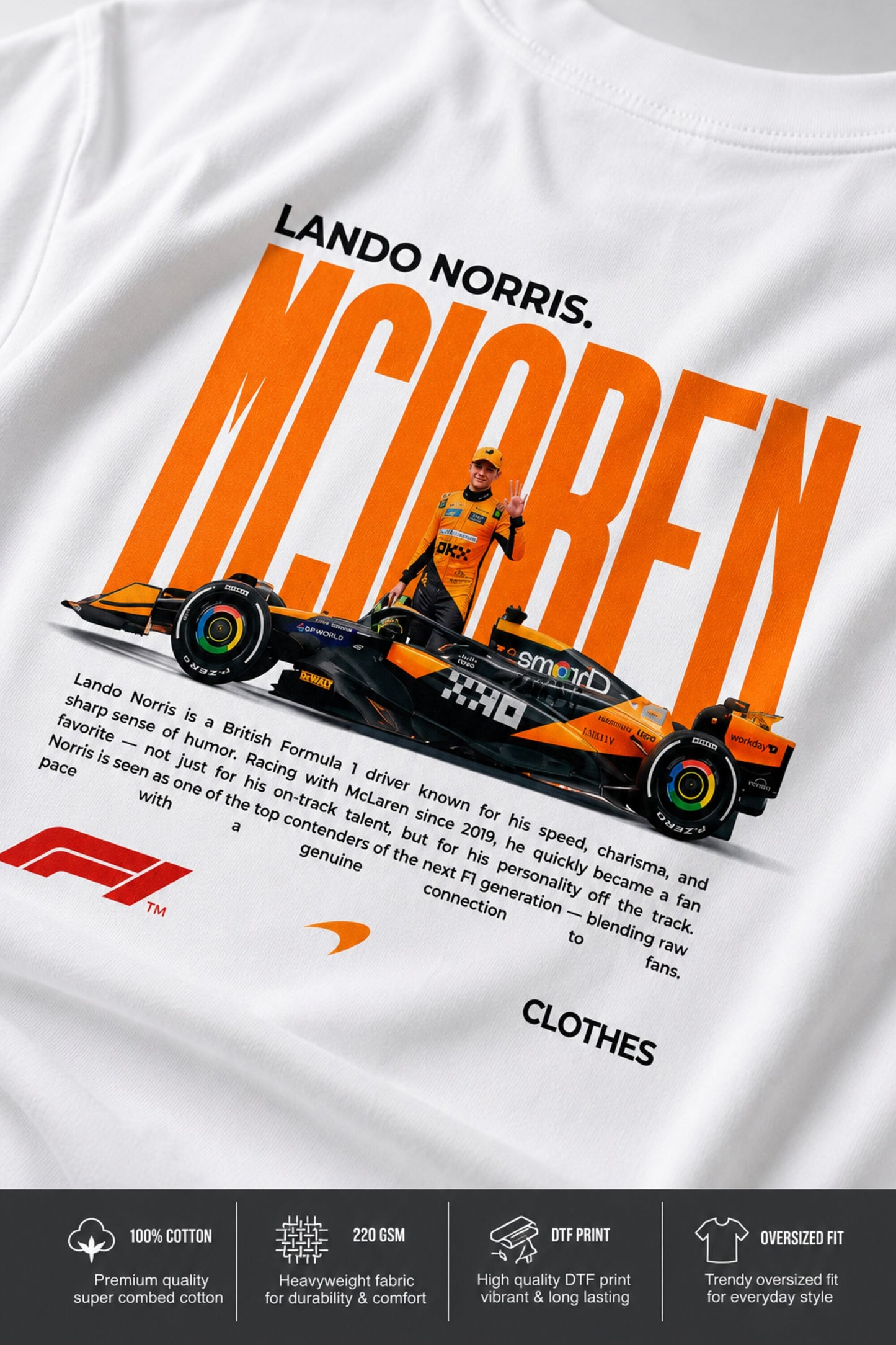 Model wearing white POPCASE Lando Norris McLaren oversized t shirt with orange speed mark logo on left chest