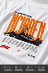 Model wearing white POPCASE Lando Norris McLaren oversized t shirt with orange speed mark logo on left chest