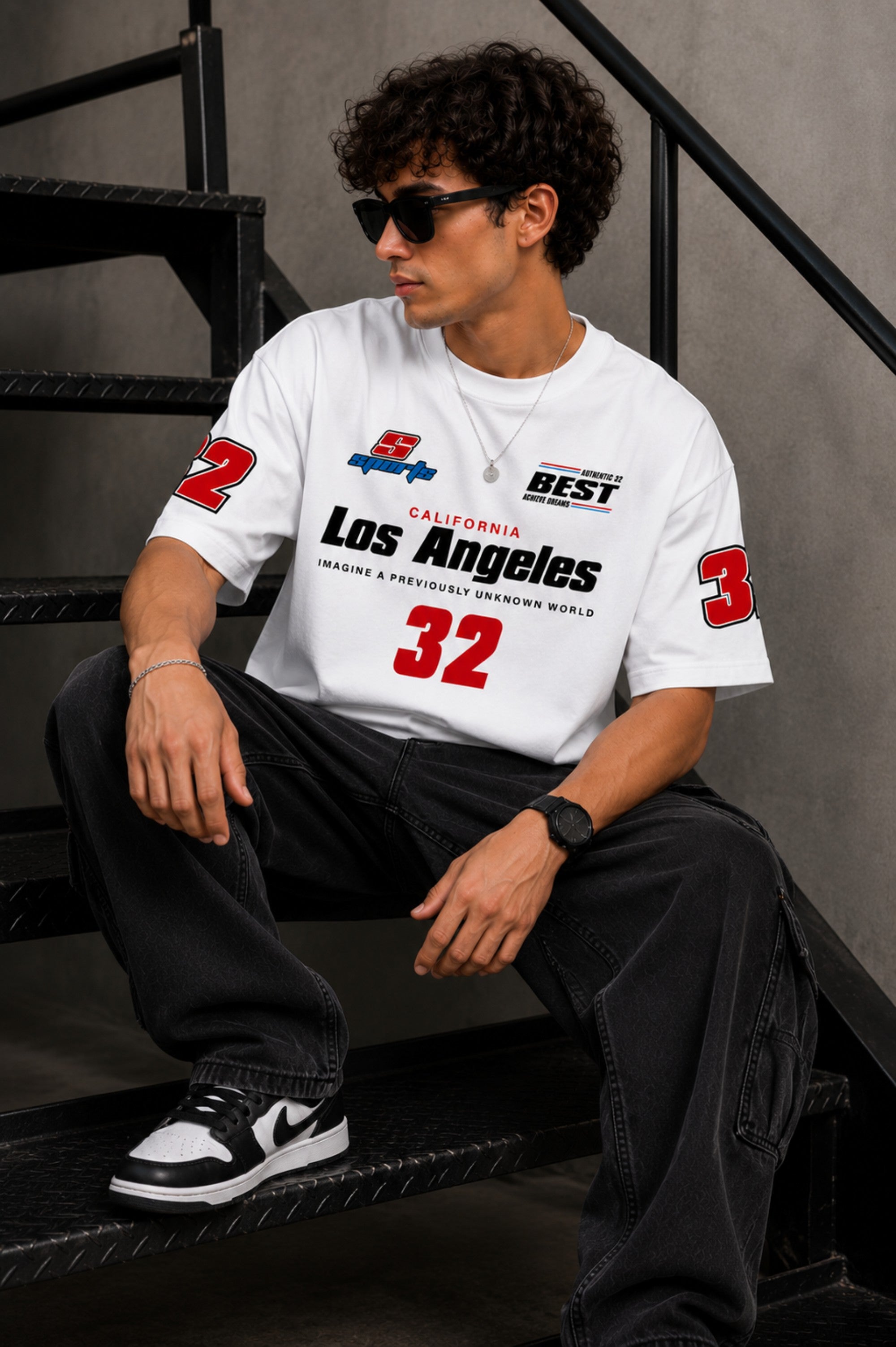 Back view of a man wearing a white LA 32 Drive oversized t-shirt with black text graphic. Model wears black cargo pants.