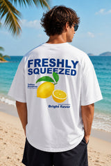 POPCASE white lemon vacation graphic oversized t shirt Freshly Squeezed beach print bold blue text streetwear tshirt summer