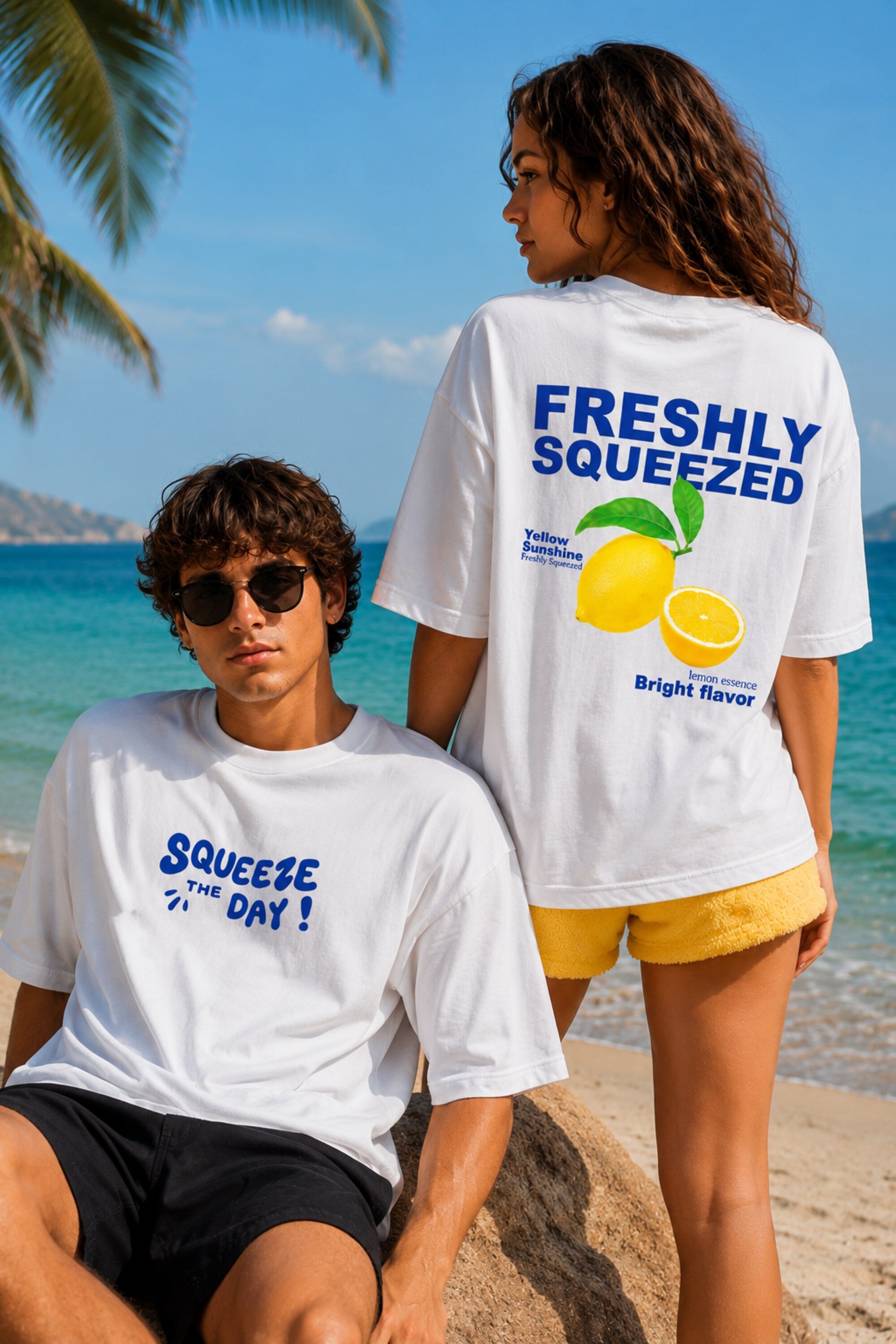 POPCASE white lemon vacation graphic oversized t shirt Freshly Squeezed beach print bold blue text streetwear tshirt summer
