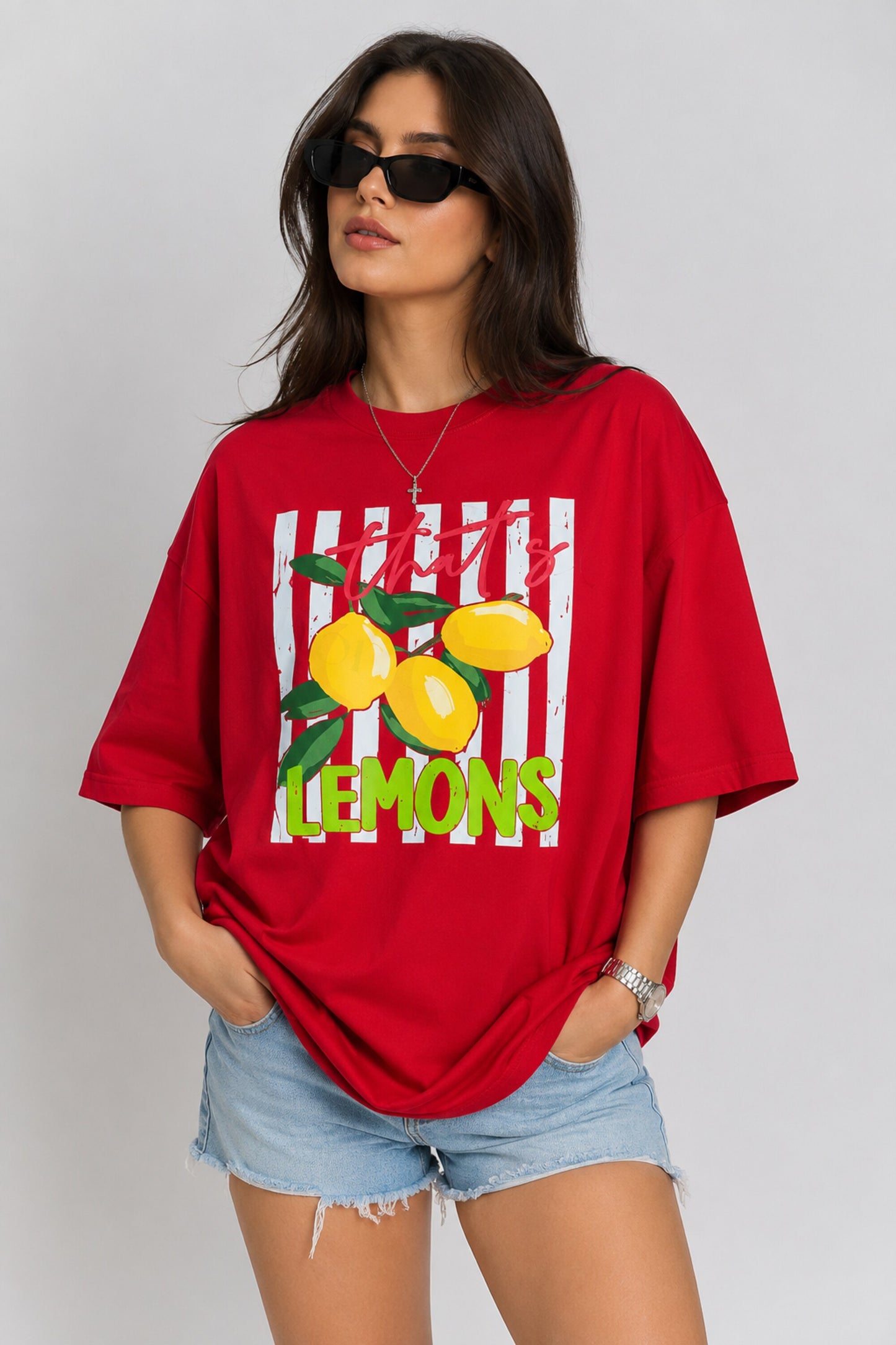 POPCASE Lemons Girl red oversized t shirt with lemon fruit graphic thats lemons slogan print streetwear premium cotton