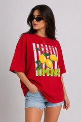 POPCASE Lemons Girl red oversized t shirt with lemon fruit graphic thats lemons slogan print streetwear premium cotton