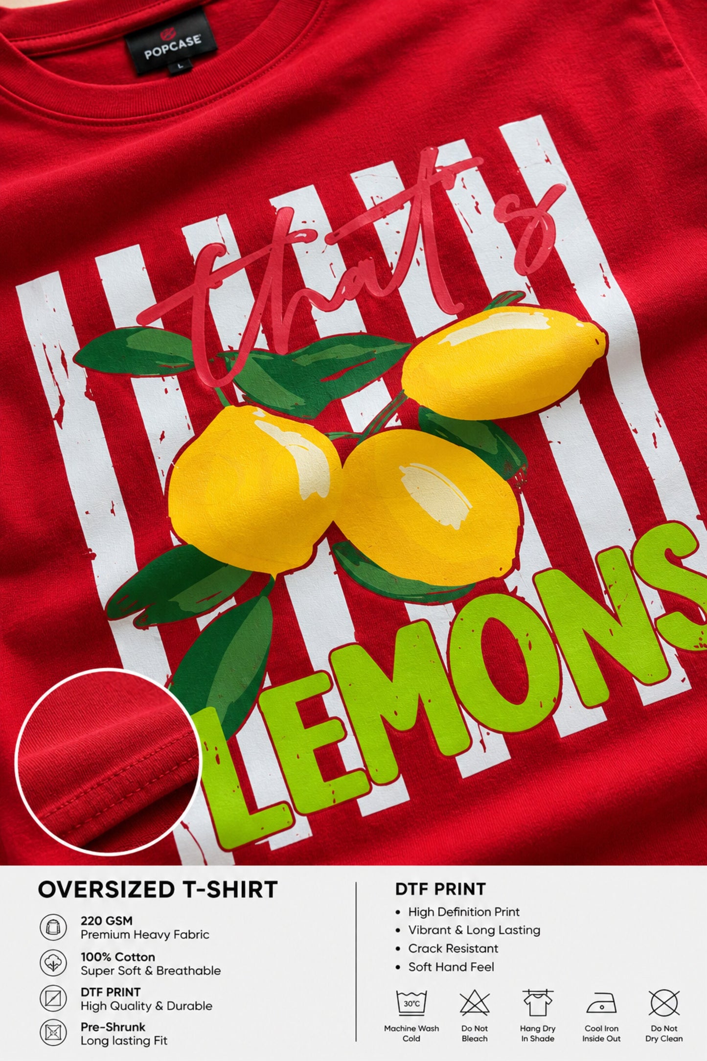 POPCASE Lemons Girl red oversized t shirt with lemon fruit graphic thats lemons slogan print streetwear premium cotton